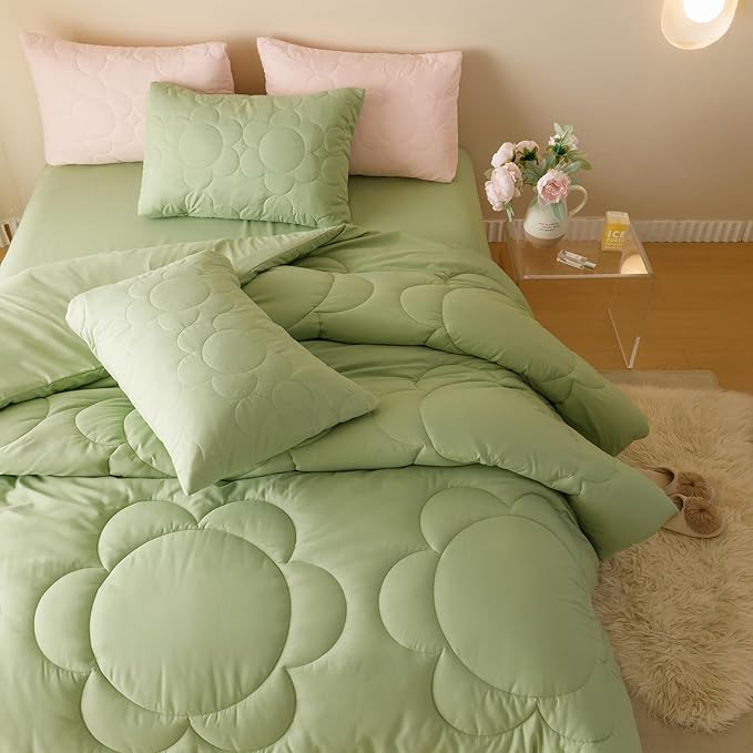 Sage Flower Comforter King Green Sunflower Print Bed King Comforter Set 3 Pieces Green Floral Comforter Set for Women Girls Bedroom Decor All Season Hotel Quality Comforter Set