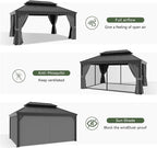 Aoxun 12' X 16' Permanent Hardtop Gazebo Aluminum Gazebo with Galvanized Steel Double Roof for Patio Lawn and Garden, Curtains and Netting Included, Grey