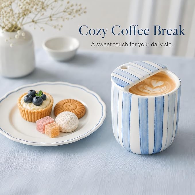Ceramic Mug with Sip Hole 10 oz Novelty Blue Striped Ceramic Ice Coffee Mug Hand Painted Travel Mugs Heat Resistant Non Slip Built in One Lid Mugs for Coffee Lovers Appreciation Gift