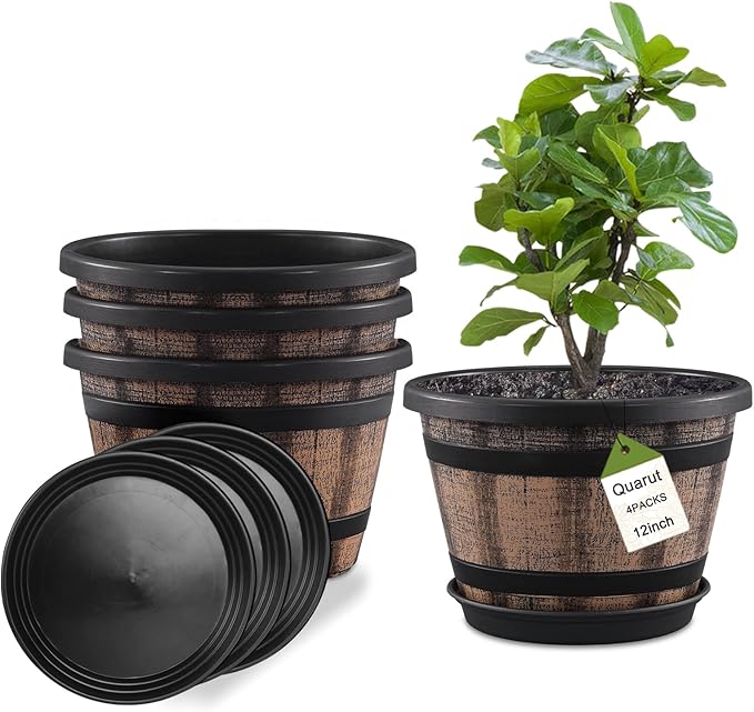 Quarut Plant Pots Set of 4 Pack 12 inch,Large Whiskey Barrel Planters with Drainage Holes & Saucer.Plastic Flower Pots Imitation Wine Barrel Design, for Indoor & Outdoor Garden Home Plants (Brown)