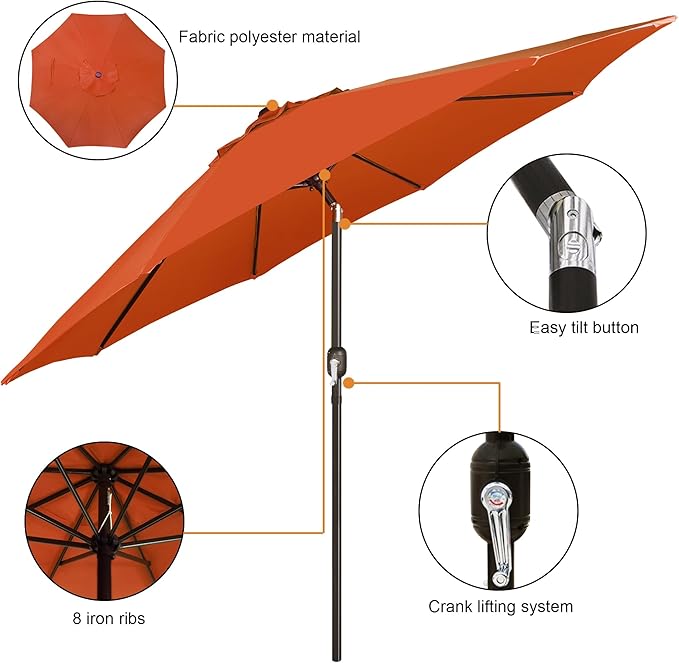 Blissun 9' Outdoor Patio Umbrella, Outdoor Table Umbrella, Yard Umbrella, Market Umbrella with 8 Sturdy Ribs, Push Button Tilt and Crank