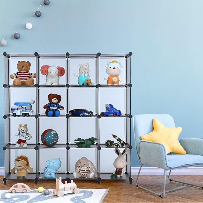 ANWBROAD Cube Storage Organizer, 16-Cube Cubby Shelving Book Shelf Living Room, Closet Clothes organizers, Kids Toys Craft Yarn Storage with Rubber Hammer for Bedroom Office Gray ULCS016H