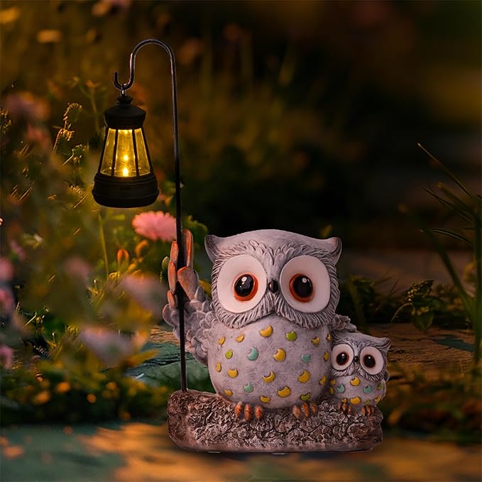 Garden Statues Owl with Solar LED Lantern, Resin Solar Garden Decor for Outside, Yard Decorations Outdoor for Patio, Porch, Balcony, Lawn Ornaments, House Warming Birthday Gifts for Mom Women Grandma
