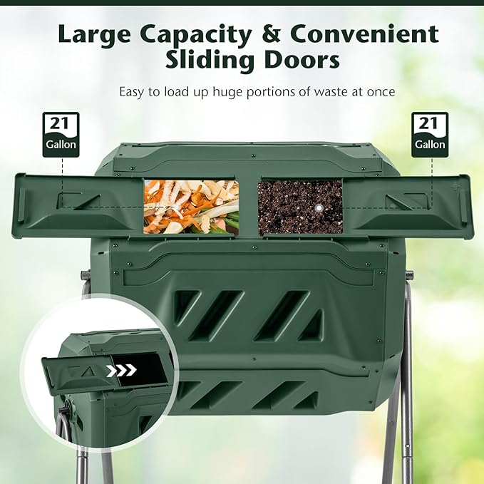 Goplus Compost Bin, Outdoor 42-Gal Dual Chamber Composting Tumbler w/2 Sliding Doors, Heavy-Duty Metal Frame, 360° Rotatable Tumbling Composter, BPA-Free Compost Tumbler for Kitchen Garden Yard Waste