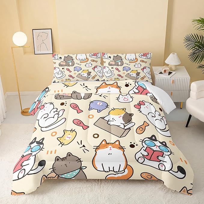 Kawaii Cat Comforter Full,Kawaii Animals Comforter Set for Kids Teens Girls,3Pcs Bedding Set Printed Comforter with 2 Pillowcases,Down Alternative,Soft and Lightweight，Full Size
