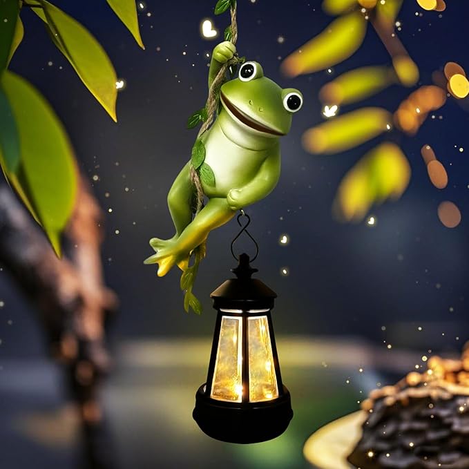 Solar Frogs Outdoor Garden Statues, Halloween Hanging Climbing Rope Frog on a Vine with Lantern Tree Hugger Figurine Lights for Outside Yard Art Sculptures Porch Balcony Wall Decor, Funny Gifts