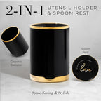 Styled Settings Black and Gold Kitchen Utensils Set with Holder, 8-Piece | Heat Resistant, Nonstick, Black Silicone Cooking Utensils Set, Ceramic Utensil Holder & Stackable Gold Spoon Rest