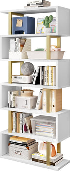 Bookshelf geometric bookcase S Shaped industrial bookshelf Storage Display Stand Shelf for Living Room Bedroom and office Room (White, 6 Tier)