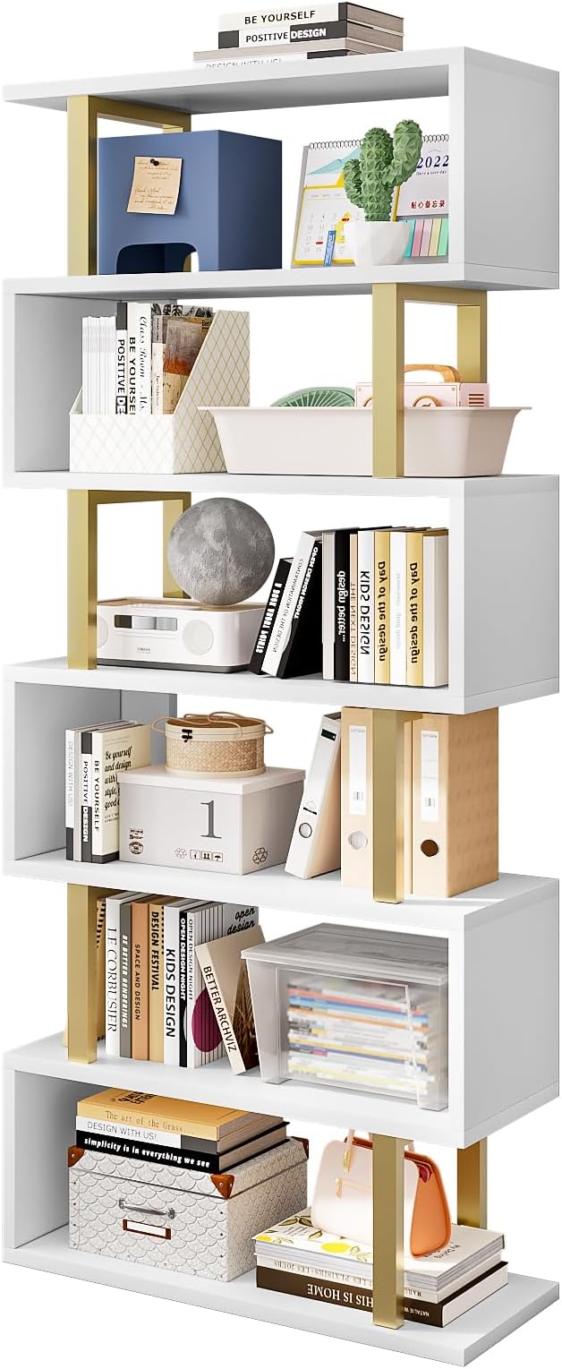Bookshelf geometric bookcase S Shaped industrial bookshelf Storage Display Stand Shelf for Living Room Bedroom and office Room (White, 6 Tier)