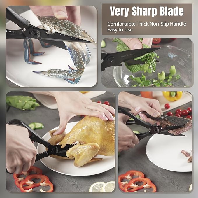Kitchen Scissors All Purpose, Extra Sharp Kitchen Shears with Knife Sharpener & Sheath, Solid & Durable Stainless Steel Scissors with ANTI-RUST Black Titanium Plated, Dishwasher Safe – 3 Pack