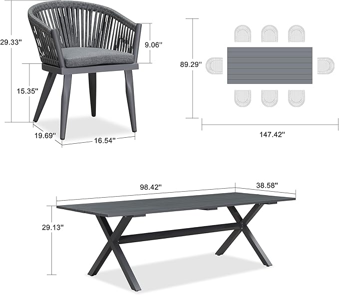PURPLE LEAF 9 Piece Longer Outdoor Dining Set with Patio Aluminium Dining Table and Wicker Chairs Modern Furniture Cushions Sets for Backyard Indoor Decor Kitchen Gray