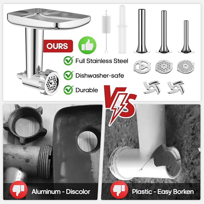 GVODE Stainless Steel Meat Grinder Attachment for KitchenAid Stand Mixer | Food Grinder attachment with 4 Grinding Plates, 3 Sausage Stuffer Tubes, 2 Grinding Blades, Mixers Accessories for Kitchen