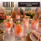 Khen Hobnail Beaded Highball Drinking Tumbler Glasses | Set of 6 | Pastel Pink Color, Vintage Bubble Design Whiskey Glassware, Rocks Glasses