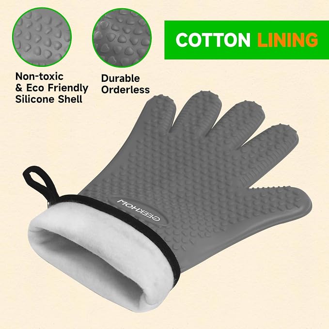 GEEKHOM BBQ Gloves Heat Resistant Oven Mitts - Silicone Grilling Gloves with 13.7" Arm Protection - Waterproof Pot Holder Non-Slip for Men & Women, Kitchen Outdoor Cooking, Baking, Camping, Light Gray
