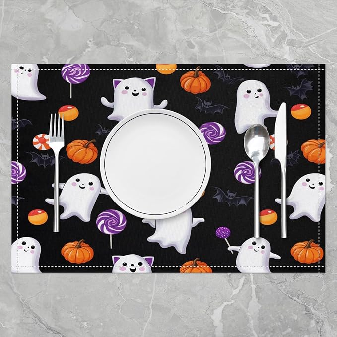 Feelyou Happy Halloween Placemats Set of 4 Cute Ghost Table Mats for Party Kitchen Dining Decoration Black and Orange Place Mat for Table Holiday Decor Indoor Outdoor 18"x12" Pumpkin Lantern