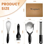 Kitchen Gadgets Set Stainless Steel Cooking Tools Essentials, Black, 4Pcs | Includes Whisk, Meat Tenderizer, Potato Masher Smasher, Grater Zester, Soft Ergonomic Handle, Dishwasher Safe, Space Saving