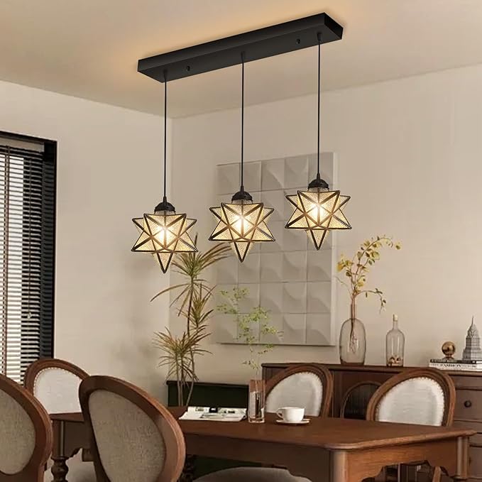 Modern Farmhouse Glam Chandelier Dining Room Glass Star Pendants Light Fixture Kitchen Island LED Ceiling Hanging Lights Included Warm Light Bulbs Black