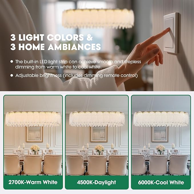 Gold Rectangle Modern Chandeliers for Dining Room Light Fixture, Water Ripple Crystal Glass LED Chandelier for Kitchen Island Bar Living Room, 2700K-6000K