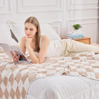 EMME Checkered Cotton Blanket Queen Size for Bed Soft Large Muslin Bed Blankets 80"x90" Lightweight Breathable Cooling All Season Gauze, Light Tan