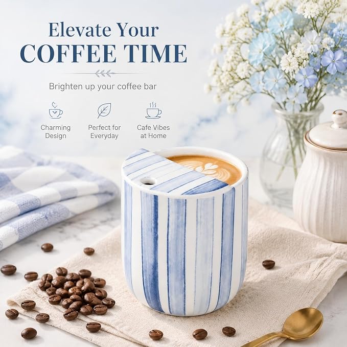 Ceramic Mug with Sip Hole 10 oz Novelty Blue Striped Ceramic Ice Coffee Mug Hand Painted Travel Mugs Heat Resistant Non Slip Built in One Lid Mugs for Coffee Lovers Appreciation Gift