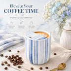 Ceramic Mug with Sip Hole 10 oz Novelty Blue Striped Ceramic Ice Coffee Mug Hand Painted Travel Mugs Heat Resistant Non Slip Built in One Lid Mugs for Coffee Lovers Appreciation Gift