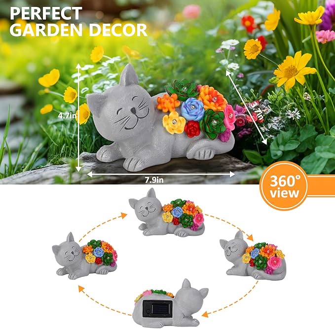 Solar Garden Decor Cat Statue, Outdoor Decor Cat Figurine with Succulentss and 6 LED Lights for Yard Art Lawn Porch, Unique Birthday Gifts for Women Mom