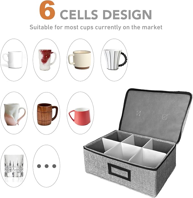 HURZMORO Stemware Storage Cases, Wine Glass Storage Box Containers for Glassware or Crystal, Holds 6 Red or White Glasses, Hard Top and Sides (Grey, Mug and Wine Glass Storage Box, 6 Compartments)