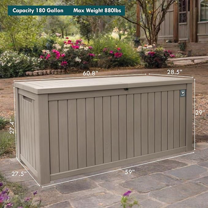 Outdoor Storage Box, 180 Gallon Deck Boxes Outdoor Waterproof, Resin Waterproof Deck Box for Patio Furniture Outdoor Cushions Garden Tools and Pool Storage (Light Brown)
