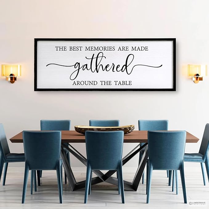 The Best Memories are Made Gathered Around The Table Sign Framed Wall Art, 32''×12'' Rustic Horizontal Plaque with Black Frame for Dinning Living Room, Farmhouse Long Home Family Wood Sign Wall Decor