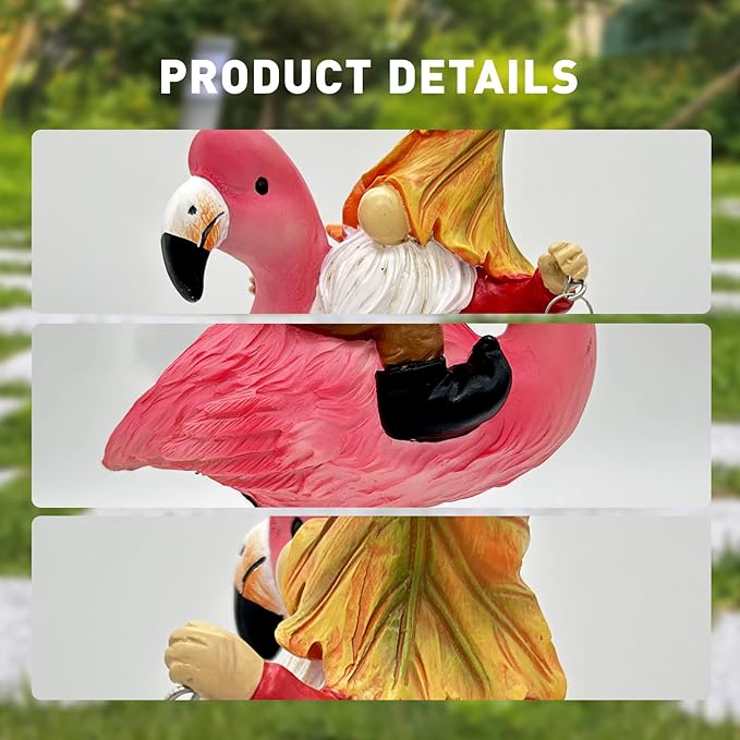 Gnomes Flamingo with Solar Lantern, Whimsical Decor for Garden, Yard, Patio, Lawn, LED Lights - Unique Gift for Women, Mom, Friends(Red Gnomes)