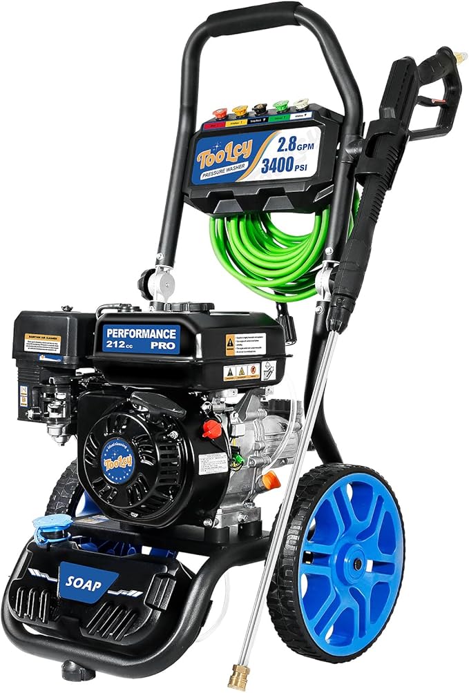 TOOLCY Gas Pressure Washer 3400 PSI & 2.8 GPM Max, High-Powered 212cc Engine, Enhanced Pump, 50FT Pressure Hose, Onboard Soap Tank, Foldable Handle, Kink-Less Swivel Spray Gun & 5 Nozzle Tips