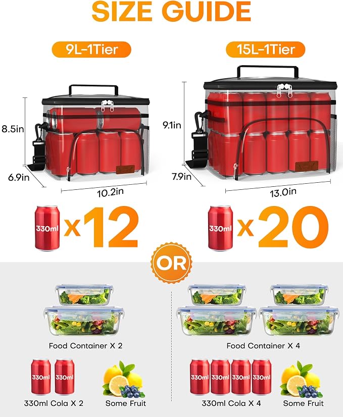 HOTOR Insulated Lunch Box Men Women Leak-Proof Cooler Lunch Bag 15L | 4 Pockets, Adjustable Strap, Ideal for Work, Picnic, Travel, Camping, Gift