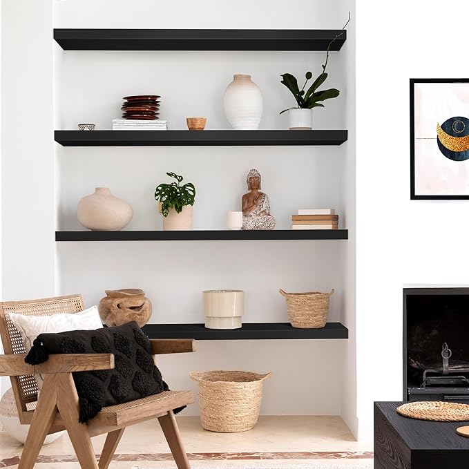 LaVie Home Floating Shelves, 47 Inch Wall Shelf Set of 2, Hanging Shelf with Invisible Brackets, Wall Decor for Bathroom, Bedroom, Living Room, Kitchen Storage,Classic Black