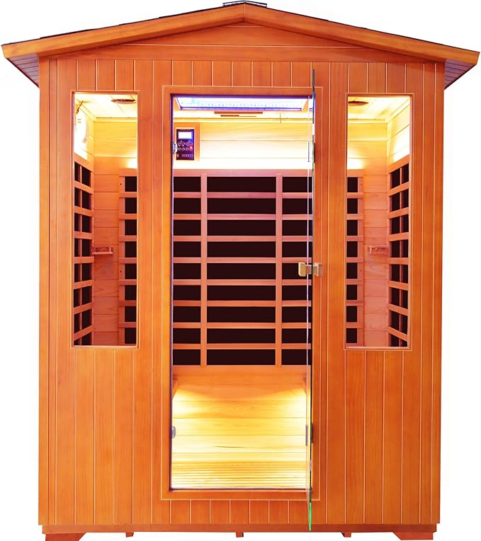 Outdoor 4 Person Sauna Far Infrared Saunas Dry Sauna Room Red Cedar and Canadian Hemlock Wood Wooden Sauna Spa 2600W 240V with 7 Color Light 62.2 * 46.8 * 81.9 inches