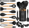 Silicone Cooking Utensils Set - AVGPD Silicone Kitchen Utensils for Cooking Wooden Handles, 446°F Heat Resistant Kitchen Utensil Spatula Sets, Gadgets for Non-Stick Cookware BPA FREE (Black)