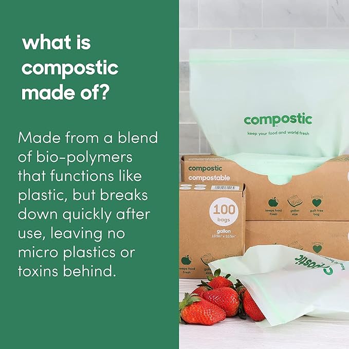 Compostic Compostable Snack Bags, Snack Size (60 Count) Starter Pack — Resealable Zip-Seal, Plant-Based, Home Compostable, Freezer Safe, BPA-Free, Non-Toxic, GMO-Free Food Storage Bags