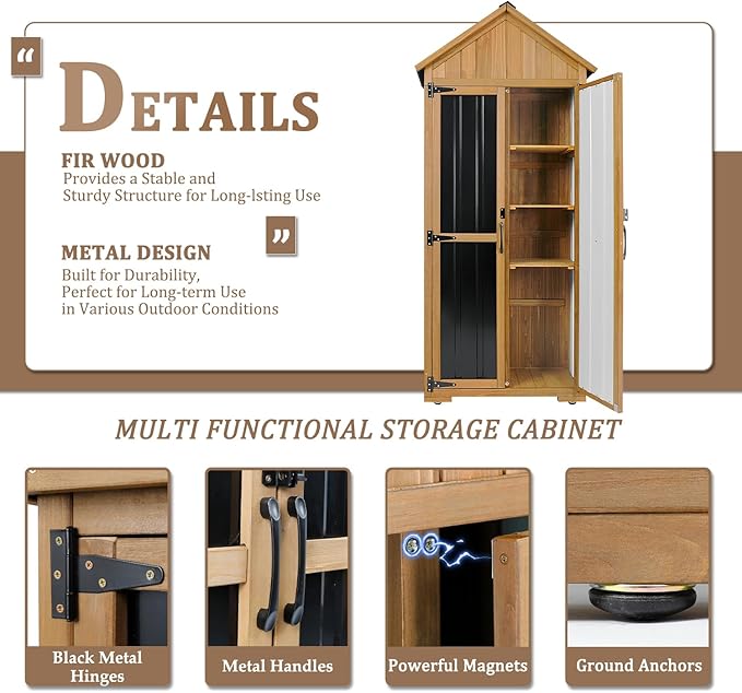 Outdoor Storage Cabinet Waterproof, Outdoor Storage Shed with Shelves, Wood & Metal Patio Backyard Garden Storage Cabinet Tool Organizer for Outside