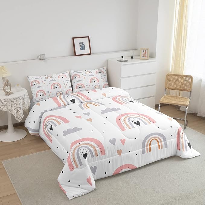 Rainbow Twin Bedding Sets For Girls, Kawaii Cloud Comforter Set 2 Pieces With 1 Pillow Case, Pink Love Heart Down Comforter For Kids Boys Women Adult, Hand Drawn Cartoon Rainbow Duvet Insert