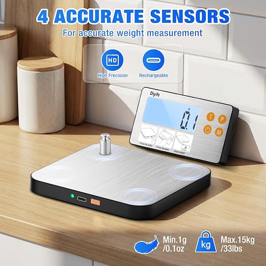 Rechargeable Split Food Scale, Diyife 33lb Digital Kitchen Scales with Split Display, 1g/0.1oz High Accurate, Food-Grade 304 Stainless Steel, 7 Units, Backlit LCD, for Cooking, Baking, Meal Prep