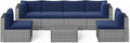 SUNVIVI OUTDOOR 7 Piece Patio Furniture Sets All Weather Grey PE Wicker Couch Sofa with Glass Table, Removable Navy Blue Cushions
