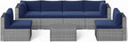SUNVIVI OUTDOOR 7 Piece Patio Furniture Sets All Weather Grey PE Wicker Couch Sofa with Glass Table, Removable Navy Blue Cushions