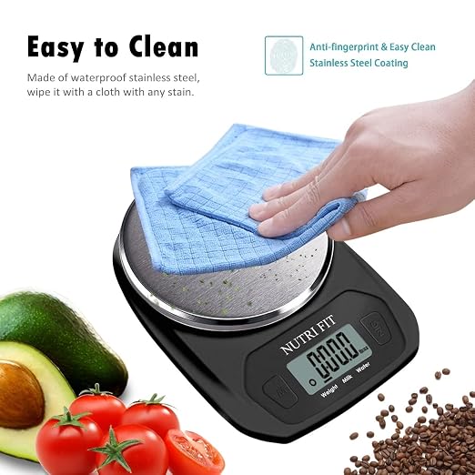 NUTRI FIT Digital Food Scale Small Kitchen Scales Weight in Grams and OZ for Cooking Baking Weight Loss, Stainless Steel Tare & Backlit LCD Display, Black
