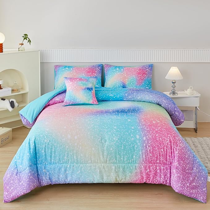 PERFEMET Full Size Comforter Sets for Kids Girls 6 Pieces Pink Green Ombre Rainbow Bedding Set Colorful Tie Dye Glitter Teen Girls Bed in A Bag