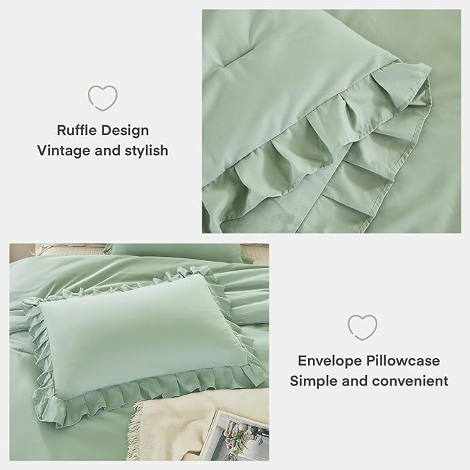 Andency Sage Green Comforter Set King, 3 Pieces Vintage Farmhouse Shabby Chic Ruffle Comforter, Lightweight Soft All Season Microfiber Down Alternative Bedding Comforter Set (104x90Inch, Green)