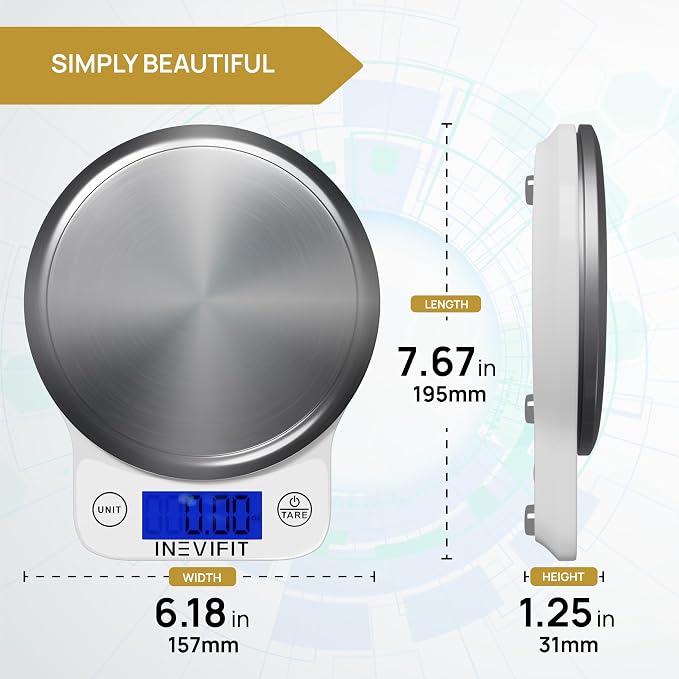 INEVIFIT Digital Kitchen Scale, Highly Accurate Multifunction Food Scale 13 lbs 6kgs Max, Clean Modern White with Premium Stainless Steel Finish. Includes Batteries