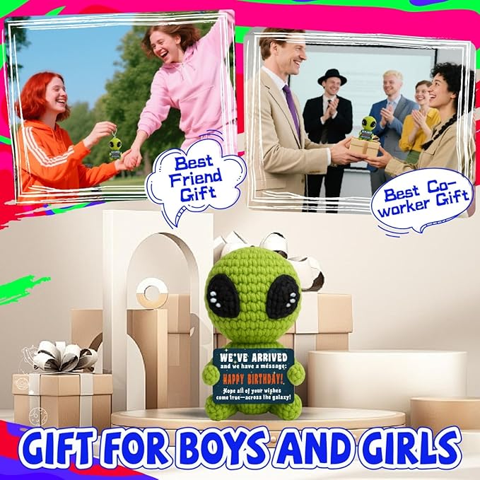 Cute Crochet Alien Plush Toy Unique Birthday Gift for Boys Girls Friends Man Women Handmade Alien Stuffed Animal Funny Space Theme Present for Kids, Teens Sci-Fi Fans