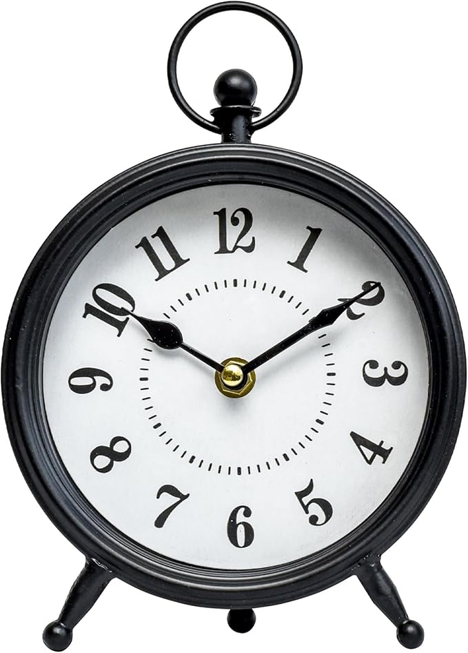 Vintage Non-Ticking Black Table Clock with Stand, Decorative Clock for Desk and Shelf, Rustic Farmhouse Style Mantel Timepiece