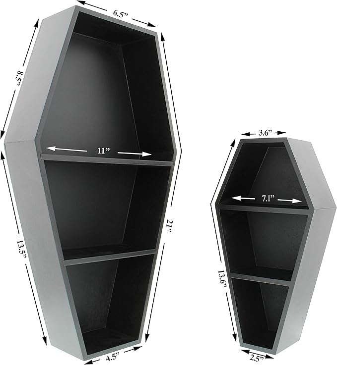 MANNY'S MYSTERIOUS ODDITIES Coffin Bookshelf - Includes Removable Shelves - Small and Large Coffin Shelf 20 Inch and 14 Inch - Gothic Decor for Home