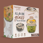 Bentgo Glass Prints All-in-One Salad Container - 61oz Tinted Glass Salad Bowl with Lid, Bento-Style Tray, Sauce Container, & Reusable Fork - Dishwasher & Microwave Safe (Inky Abstract - Neutrals)