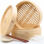 Bamboo Steamer Basket 10-Inch, 2-Tier Dumpling Steamer Cooking | Incl. Silicone Liners, Sauce Dish, Chopsticks - Steam Baskets for Food, Dim Sum, Bao Bun, Rice, Momo, Rice, Vegetables